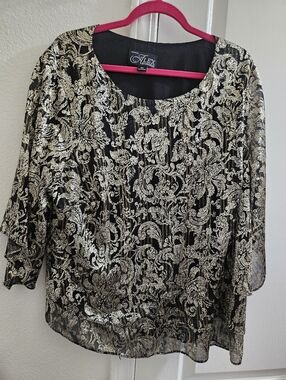 Alex Evenings Black and Gold Floral Jacquard Blouse